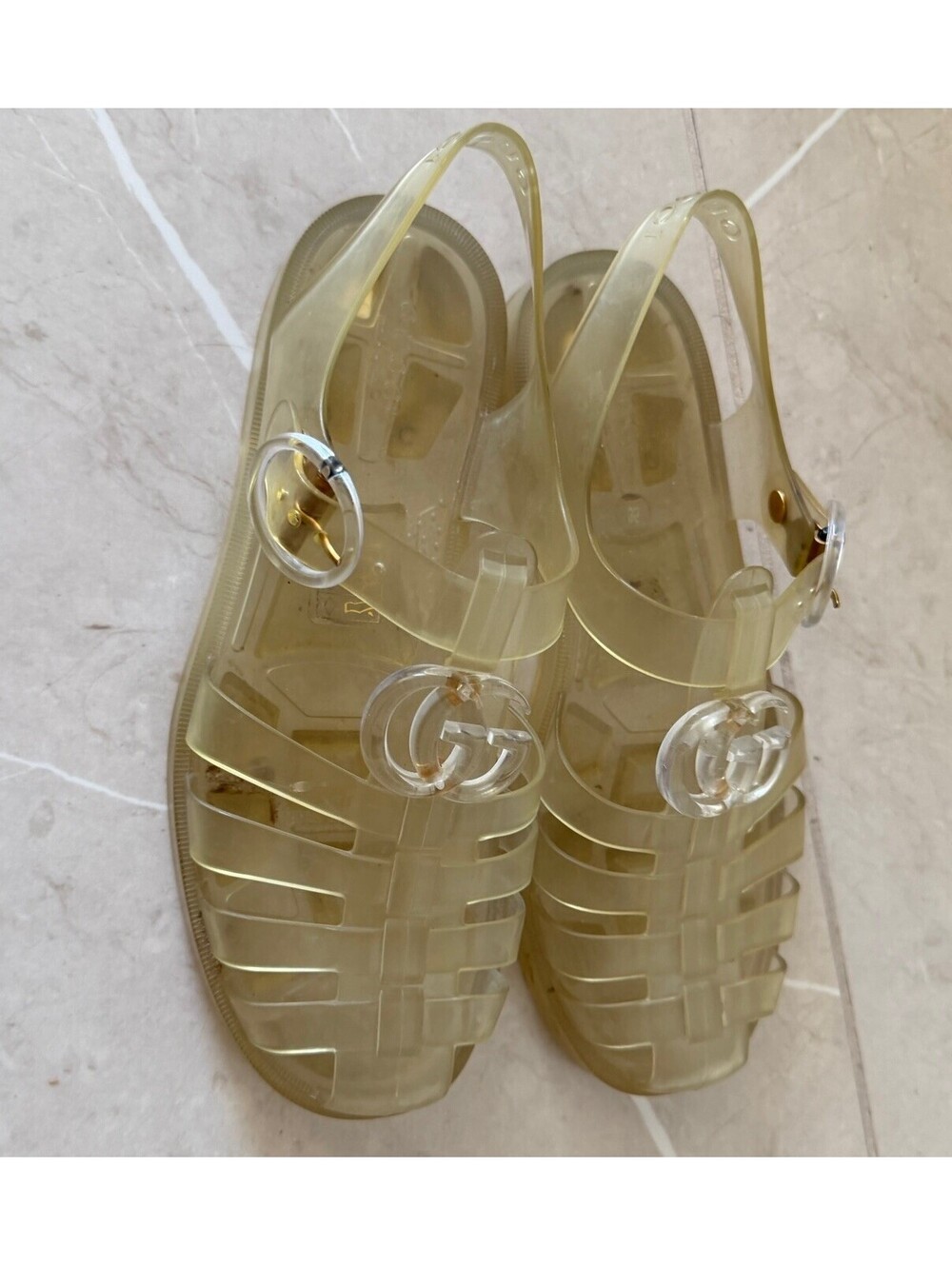 Gucci Shinny Rubber Double G Buckle Strap Sandals Transparent Sz 35 / 5